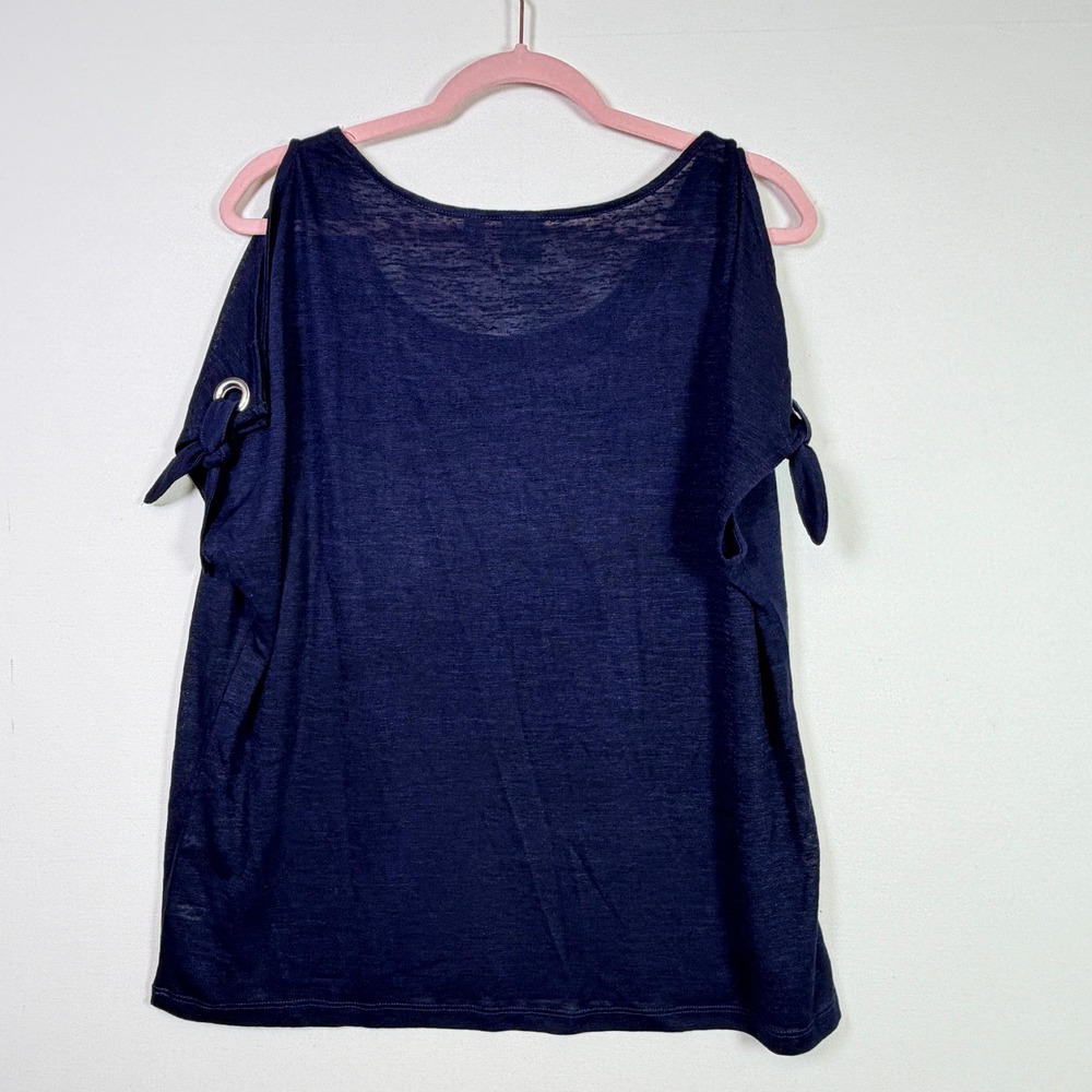 SOHO Navy Blue Cold Shoulder Grommet Tie Sleeve Knit Top Large